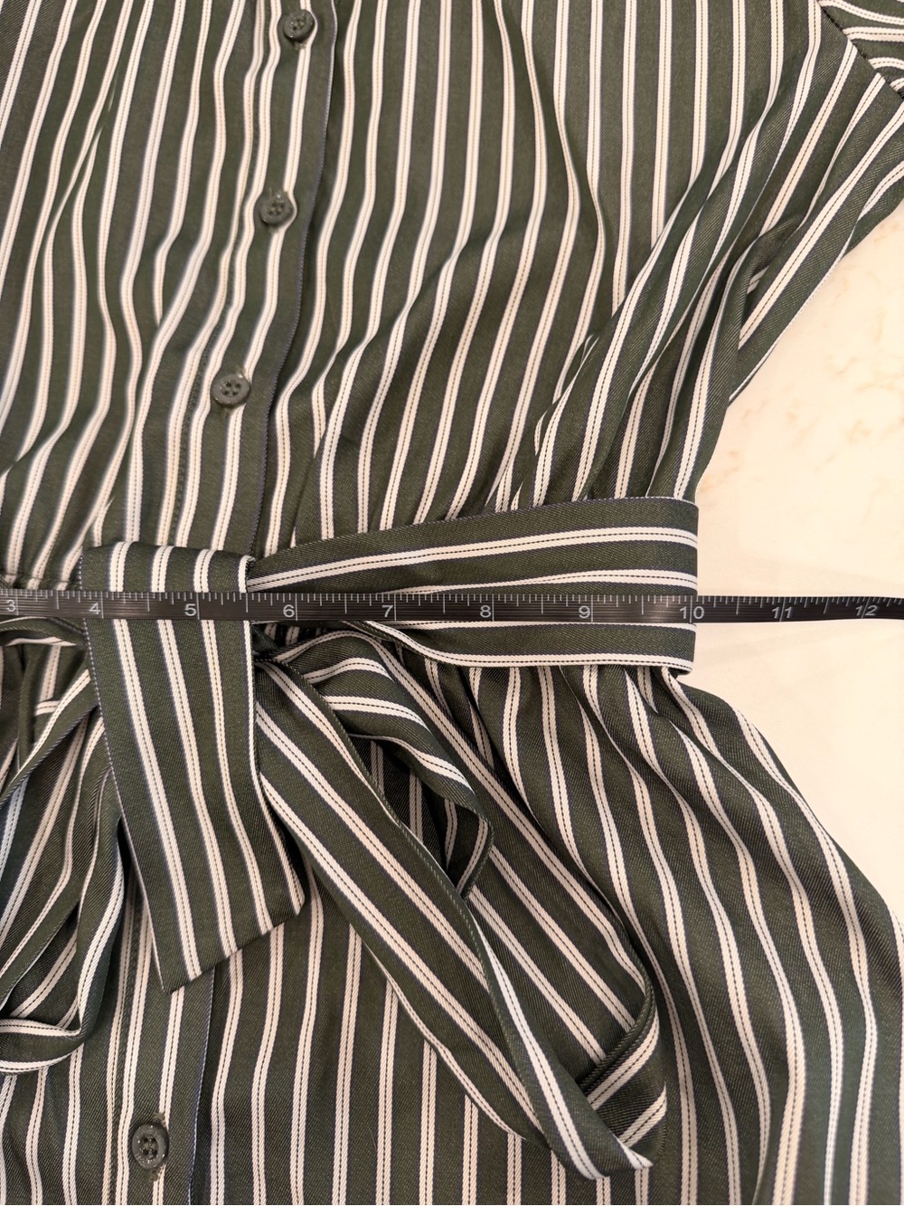 NWT FRNCH Paris Menthe Dress XS Moss Green Striped Button Front Tie Waist Midi - Picture 5 of 8